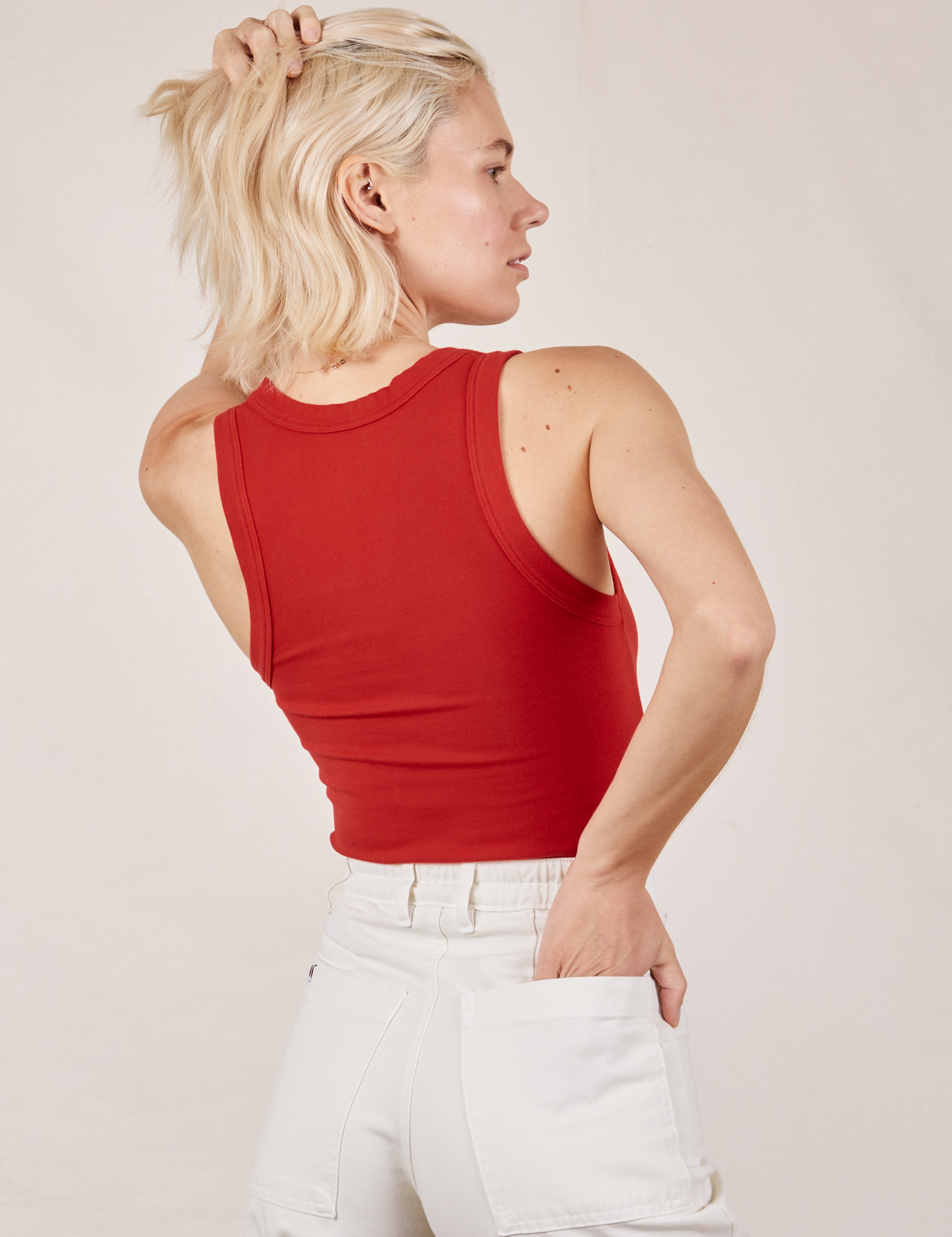 Back view of Tank Top in Mustang Red on Madeline
