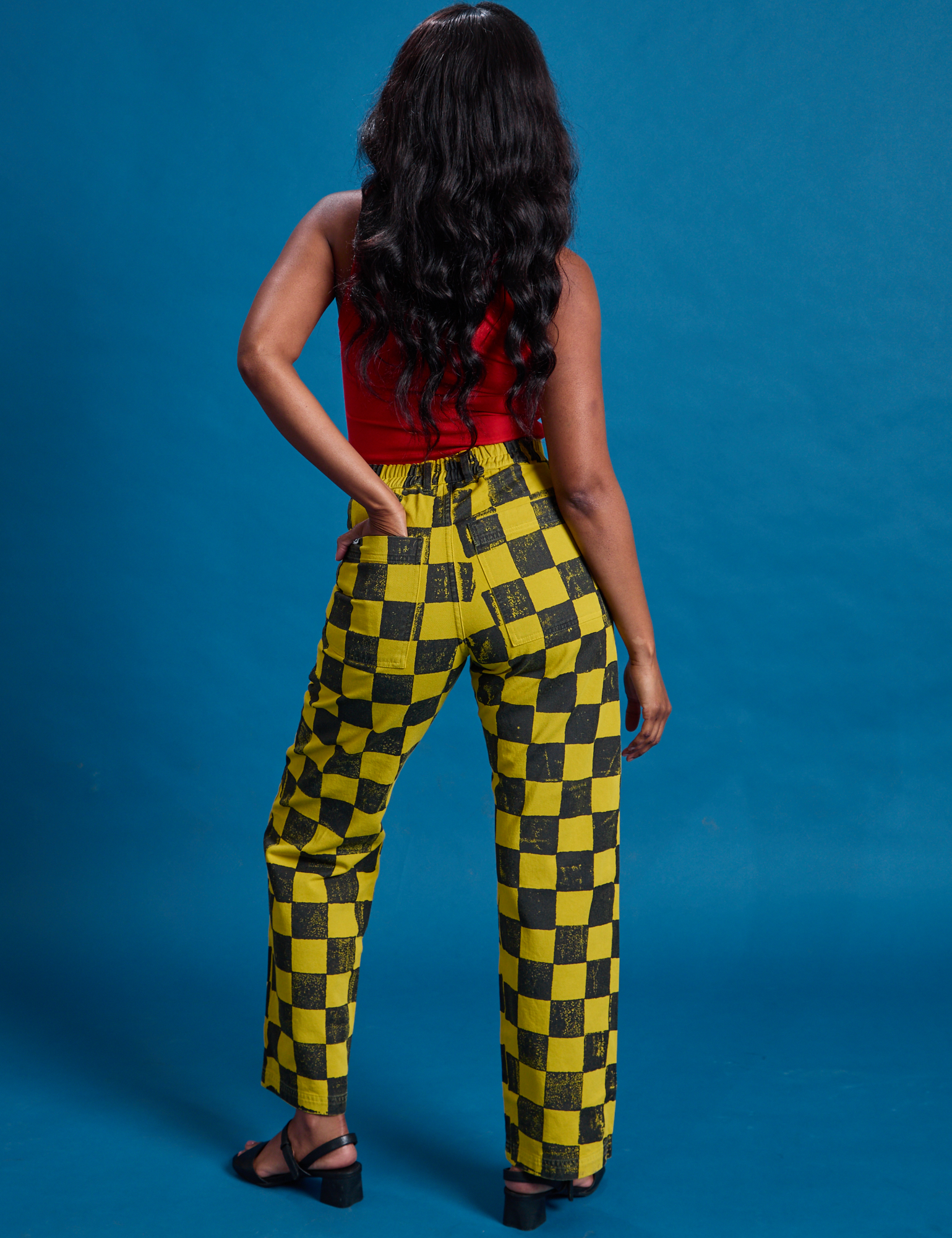 Checkerboard Work Pants in Yellow/Black back view on Kandia