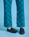 Checkerboard Work Pants in Blues pant leg close up on Quinn