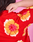 Paintstamped Pantry Button-Up in Mustang Red back shoulder close up on Ashley