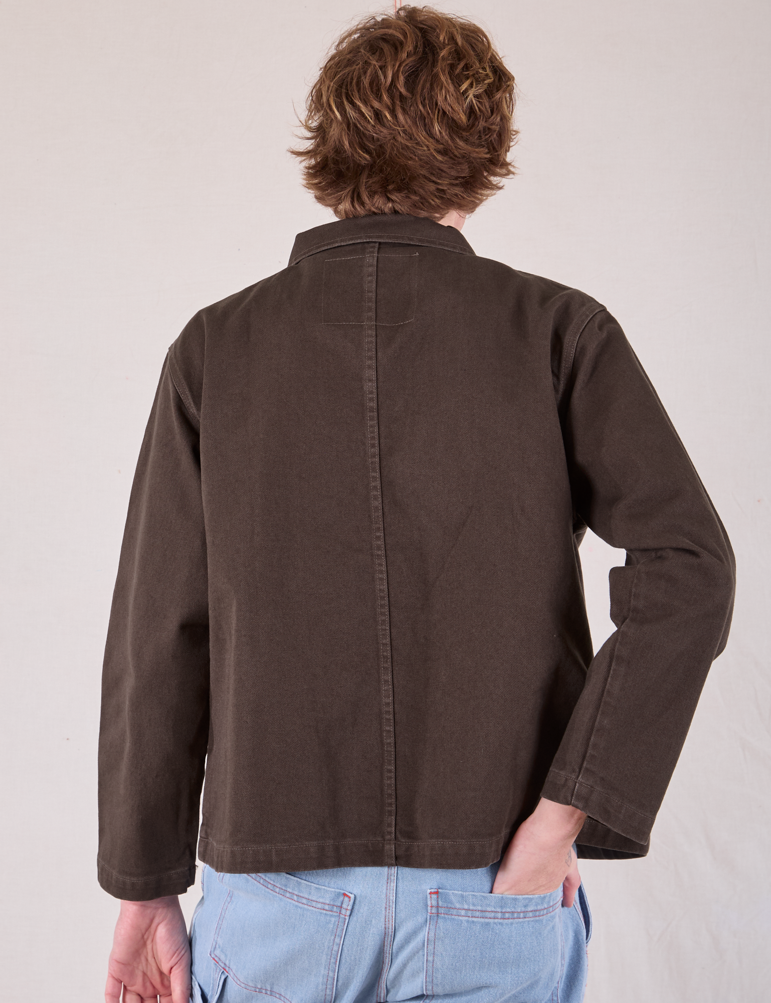 Denim Work Jacket in Espresso Brown back view on Quinn