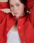Front close up of Denim Work Jacket in Mustang Red on Hana