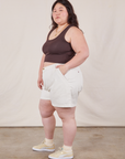 Side view of Classic Work Shorts in Vintage Tee Off-White and espresso brown Cropped Tank Top on Ashley