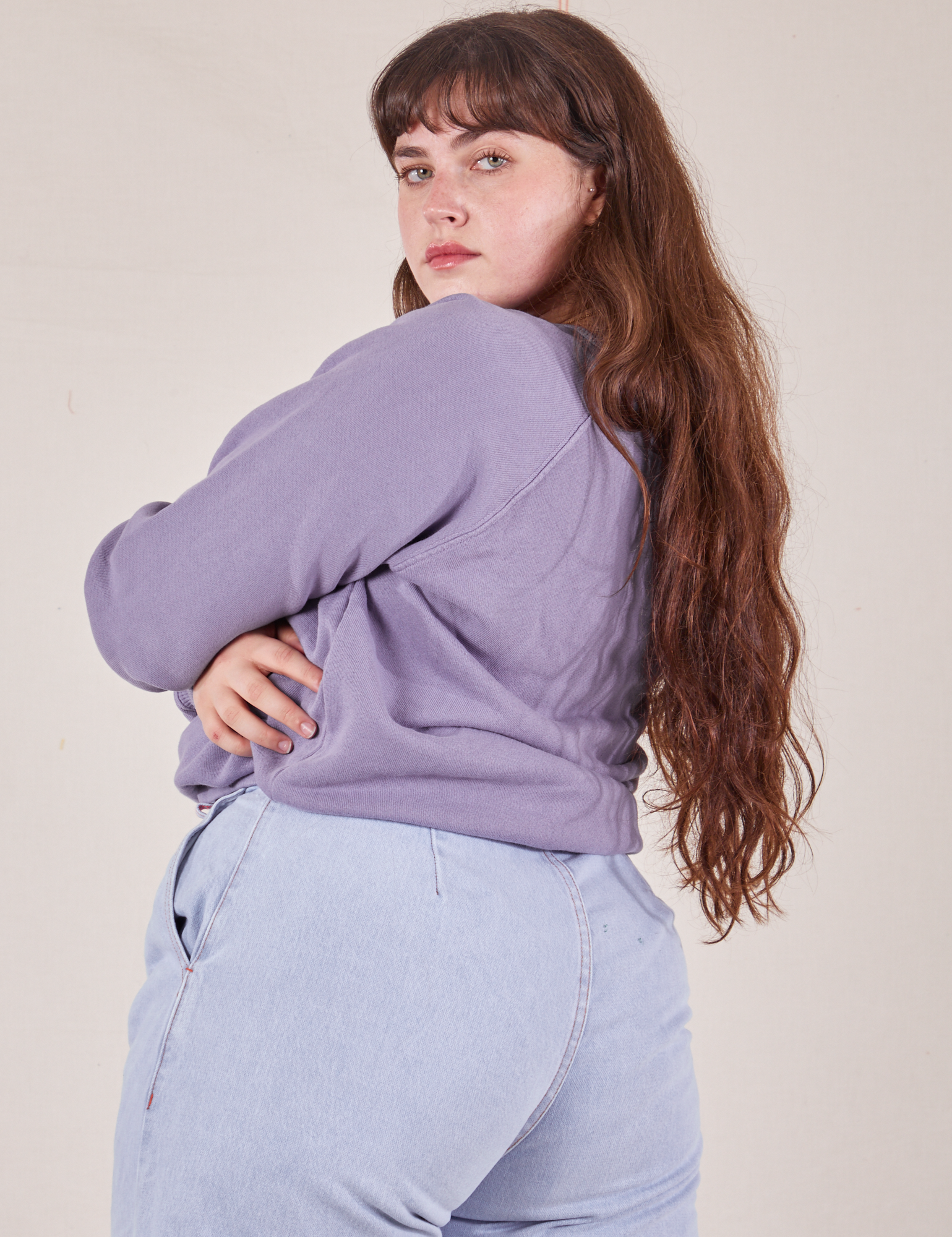 Angled back view of Bill Ogden&#39;s Sun Baby Crew in Faded Grape on Sydney