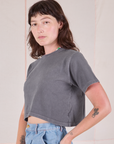 Cropped Burly Tee in Washed Grey angled front view on Alex