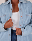 Denim Overshirt in Light Wash front close up on Meghna