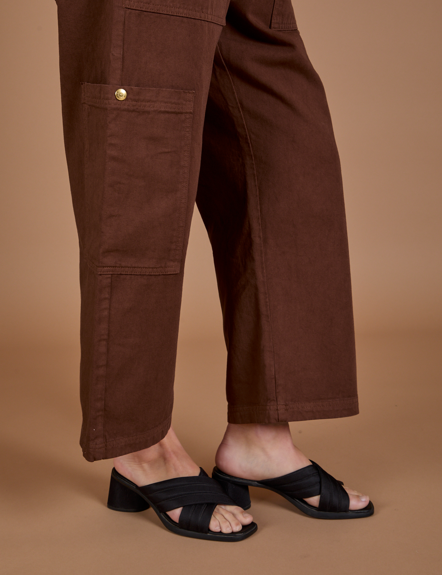 Drop Pocket Cargo Pants in Fudgesicle Brown side pant leg close up on Alex