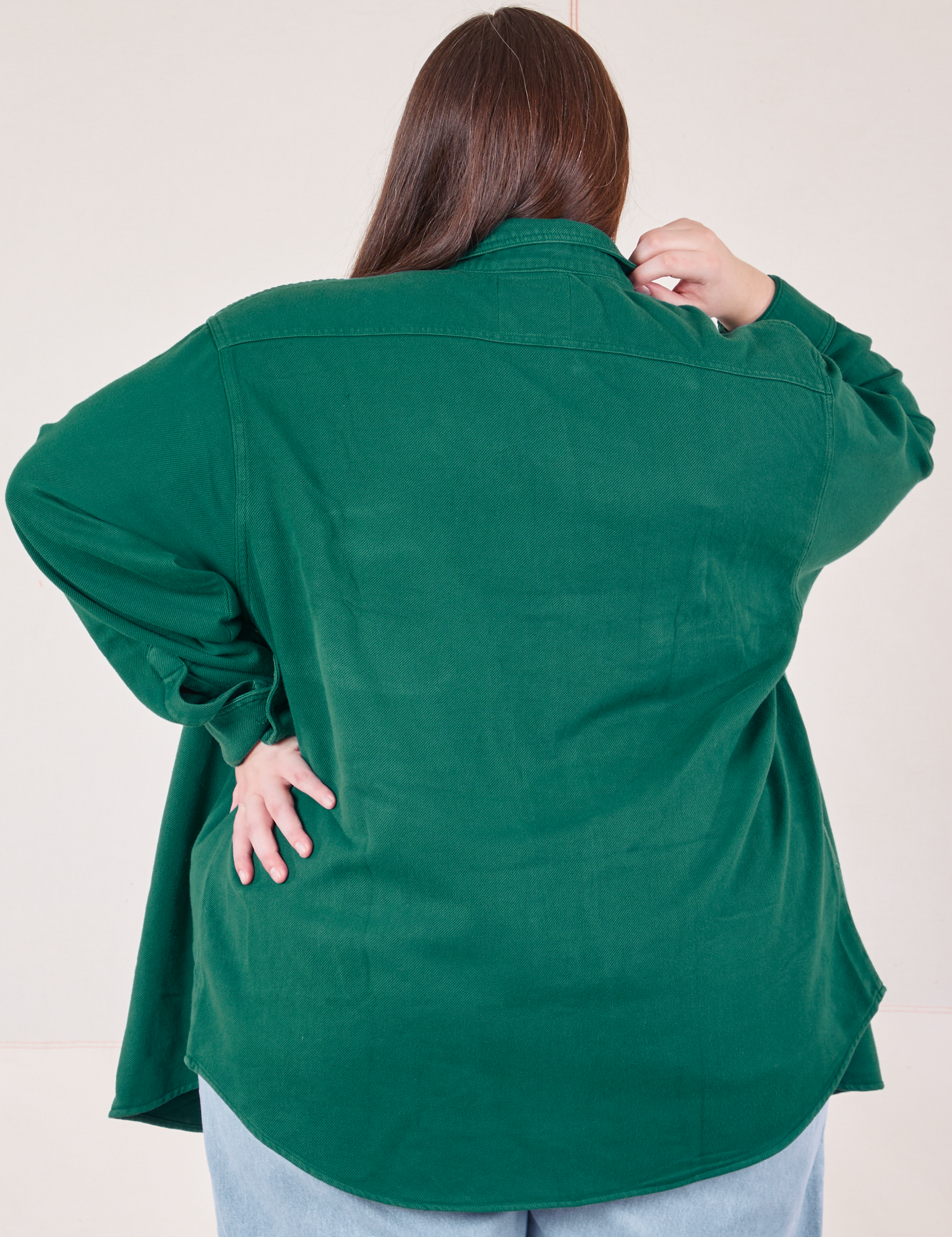 Back view of Flannel Overshirt in Hunter Green on Marielena