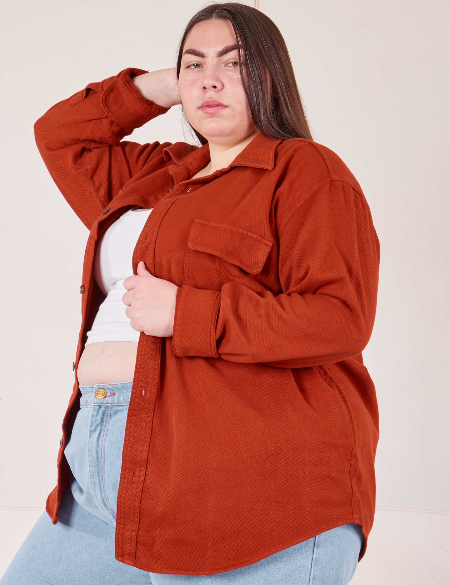 Angled front view of Flannel Overshirt in Paprika on Marielena