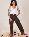 Jesse is 5'8" and wearing XXS Heavyweight Trousers in Espresso Brown paired with vintage off-white Cropped Tank Top