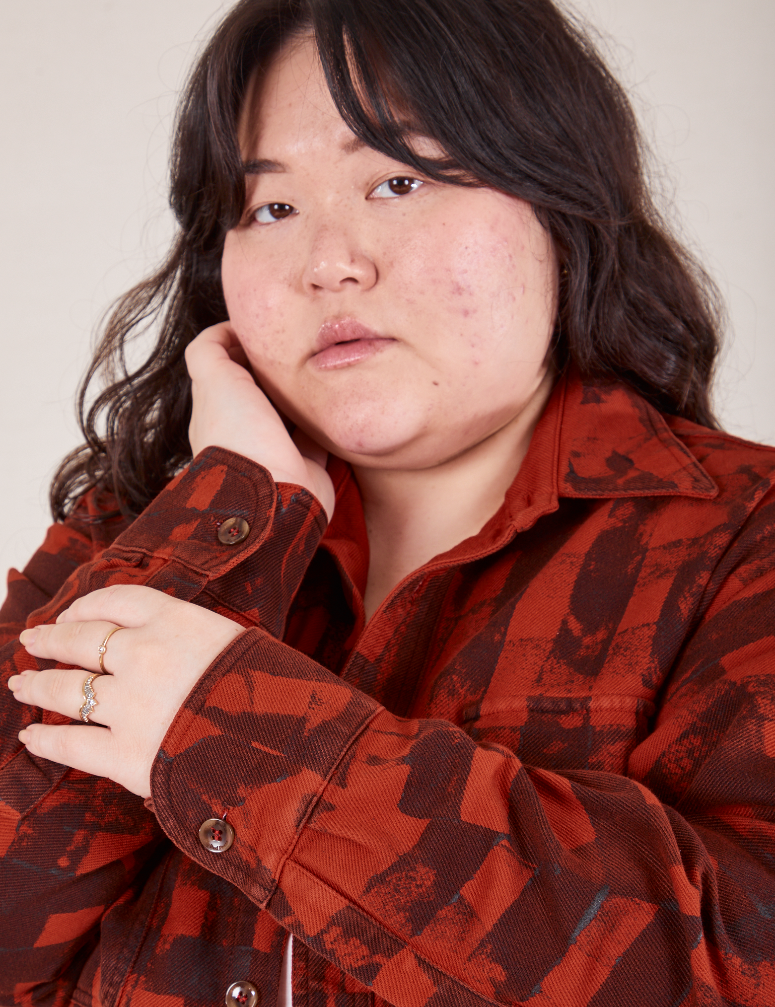 Close up of Plaid Flannel Overshirt in Paprika on Ashley