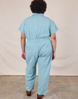 Short Sleeve Jumpsuit in Baby Blue back view on Miguel