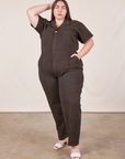 Marielena is 5’8” and wearing 2XL Short Sleeve Jumpsuit in Espresso Brown