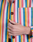 Stripe Work Jacket in Rainbow Stripe close up on Alex