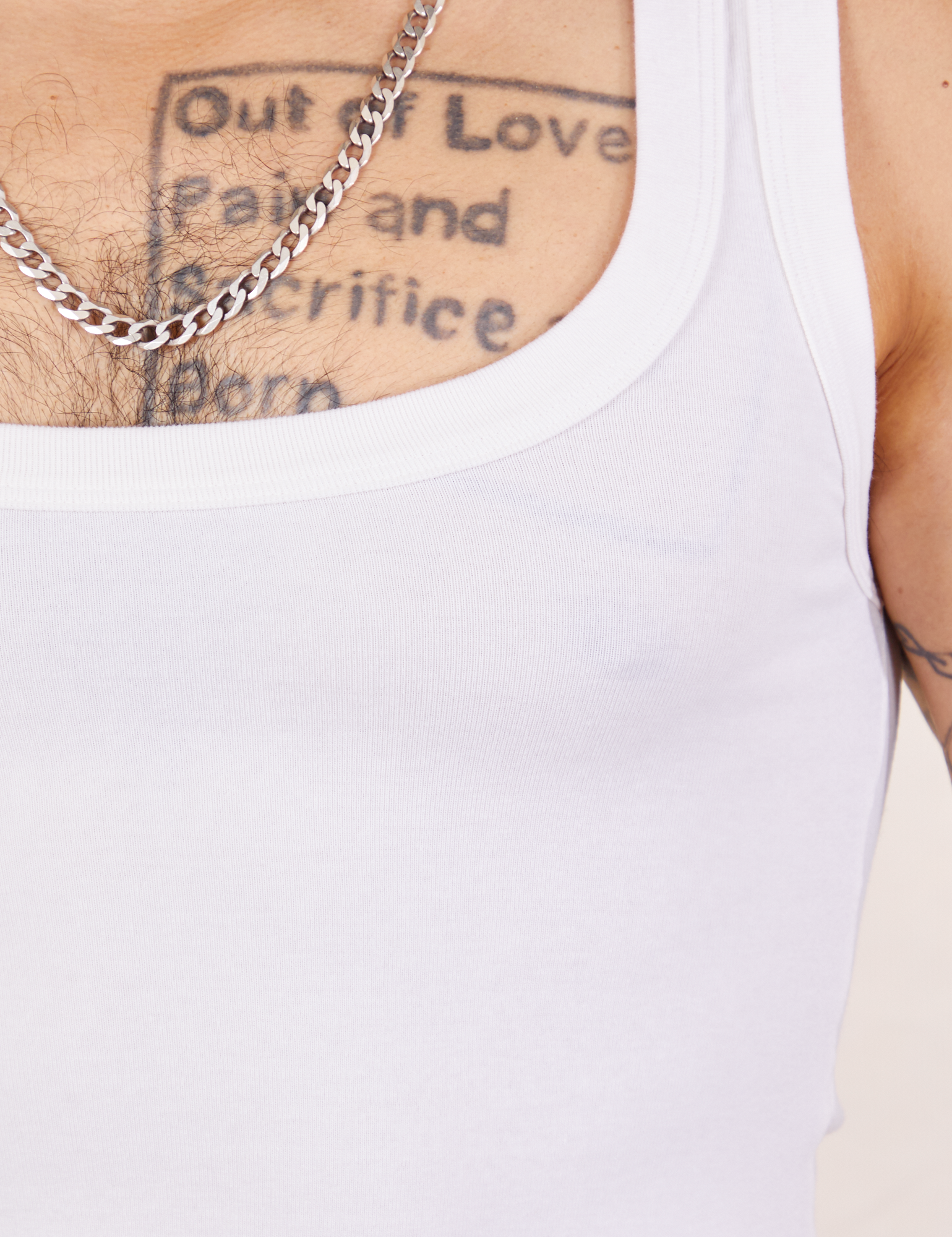 Front close up of Cropped Tank Top in Vintage Tee Off-White worn by Jesse