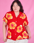 Paintstamped Pantry Button-Up in Mustang Red worn by Ashley