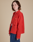 Denim Work Jacket in Mustang Red side view on Hana
