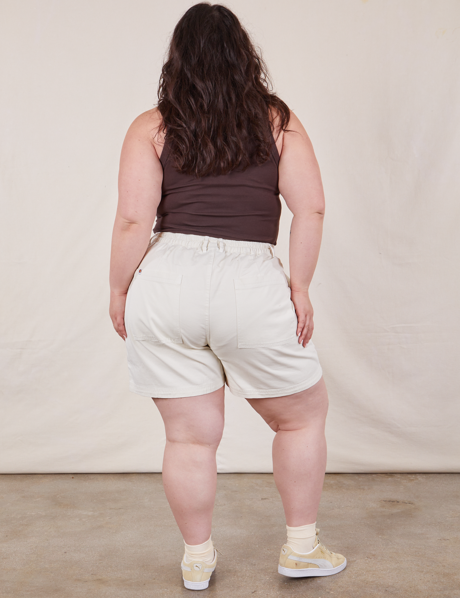 Back view of Classic Work Shorts in Vintage Tee Off-White and espresso brown Cropped Tank Top on Ashley