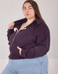 Angled front view of Cropped Zip Hoodie in Nebula Purple on Marielena