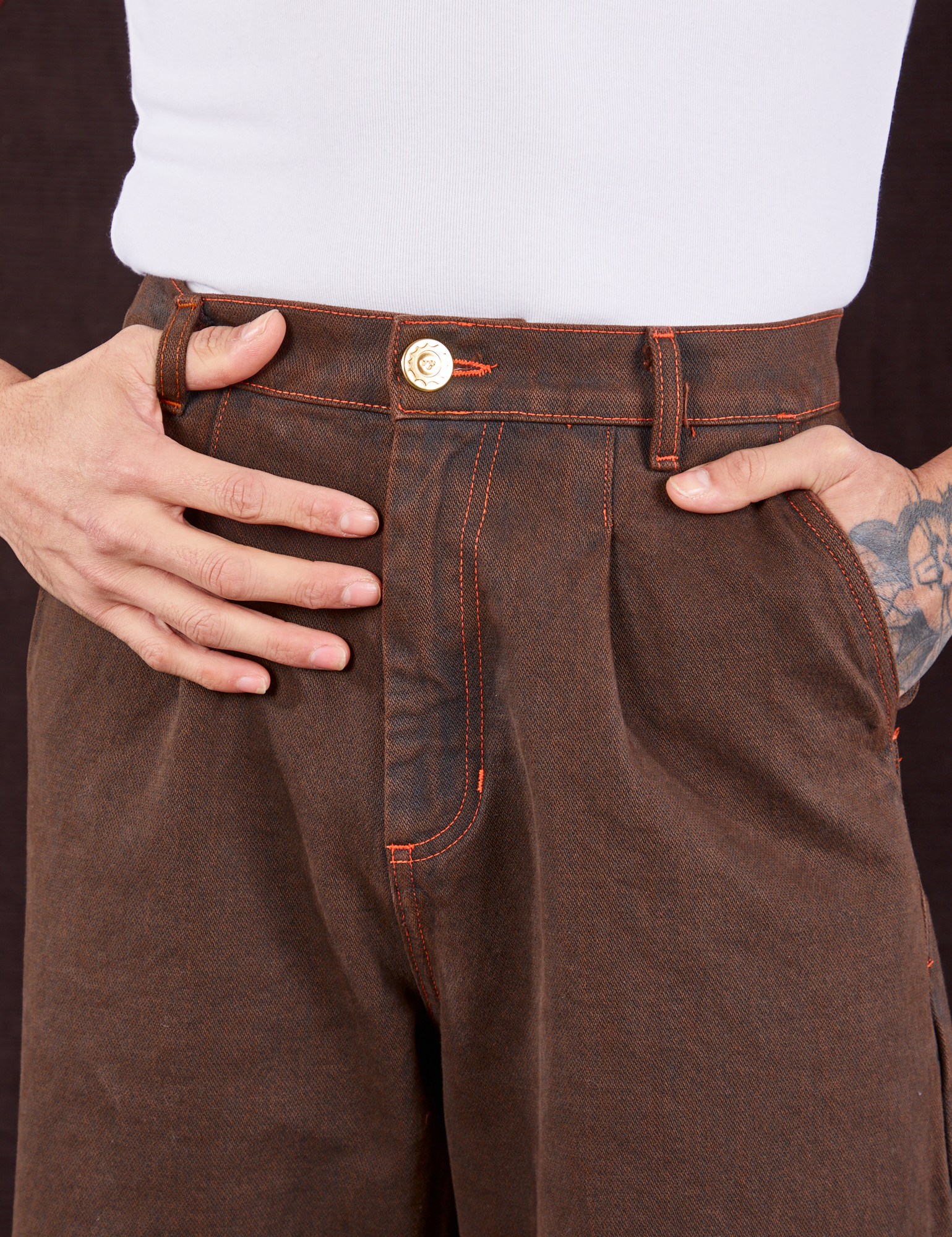 Overdyed Wide Leg Trousers in Brown front close up on Jesse