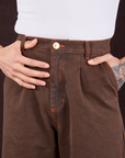Overdyed Wide Leg Trousers in Brown front close up on Jesse