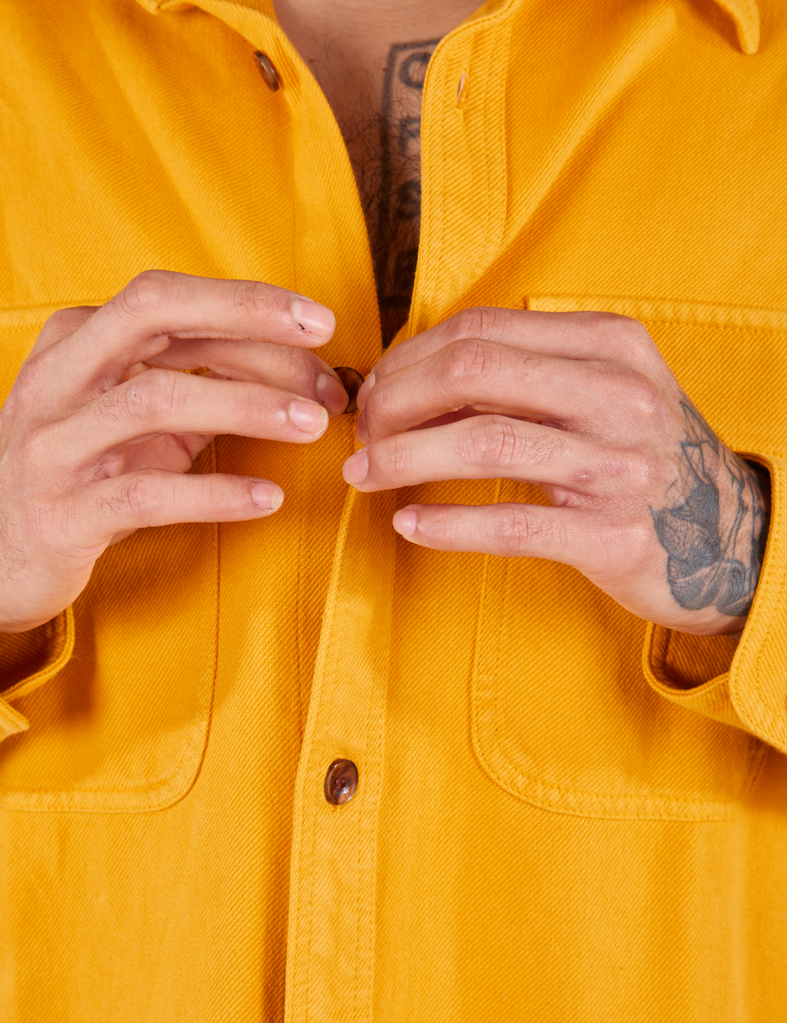 Front close up of Flannel Overshirt in Mustard Yellow on Jesse