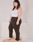 Side view of Rolled Cuff Sweat Pants in Espresso Brown and Cropped Tank in vintage tee off-white on Ashley