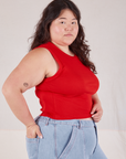 Muscle Tee in Mustang Red angled front view on Ashley