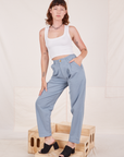 Alex is 5'8" and wearing XXS Organic Trousers in Periwinkle paired with Cropped Tank Top in vintage tee off-white