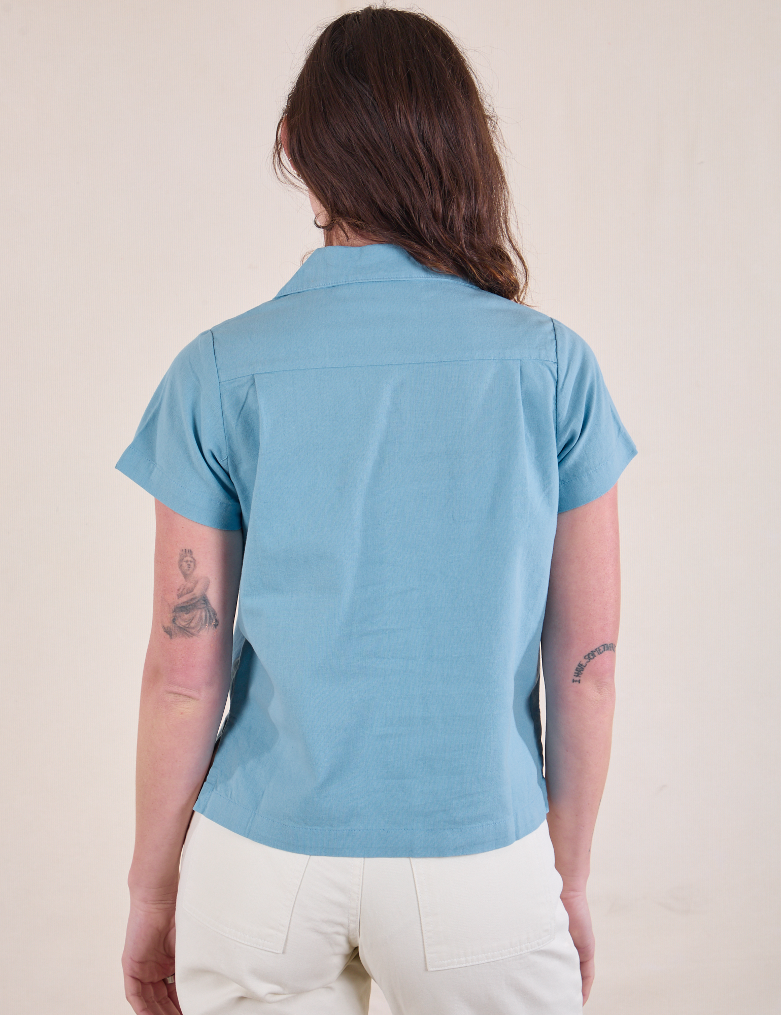 Pantry Button-Up in Baby Blue back view on Alex