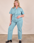 Lish is 5'8" and wearing L Short Sleeve Jumpsuit in Baby Blue