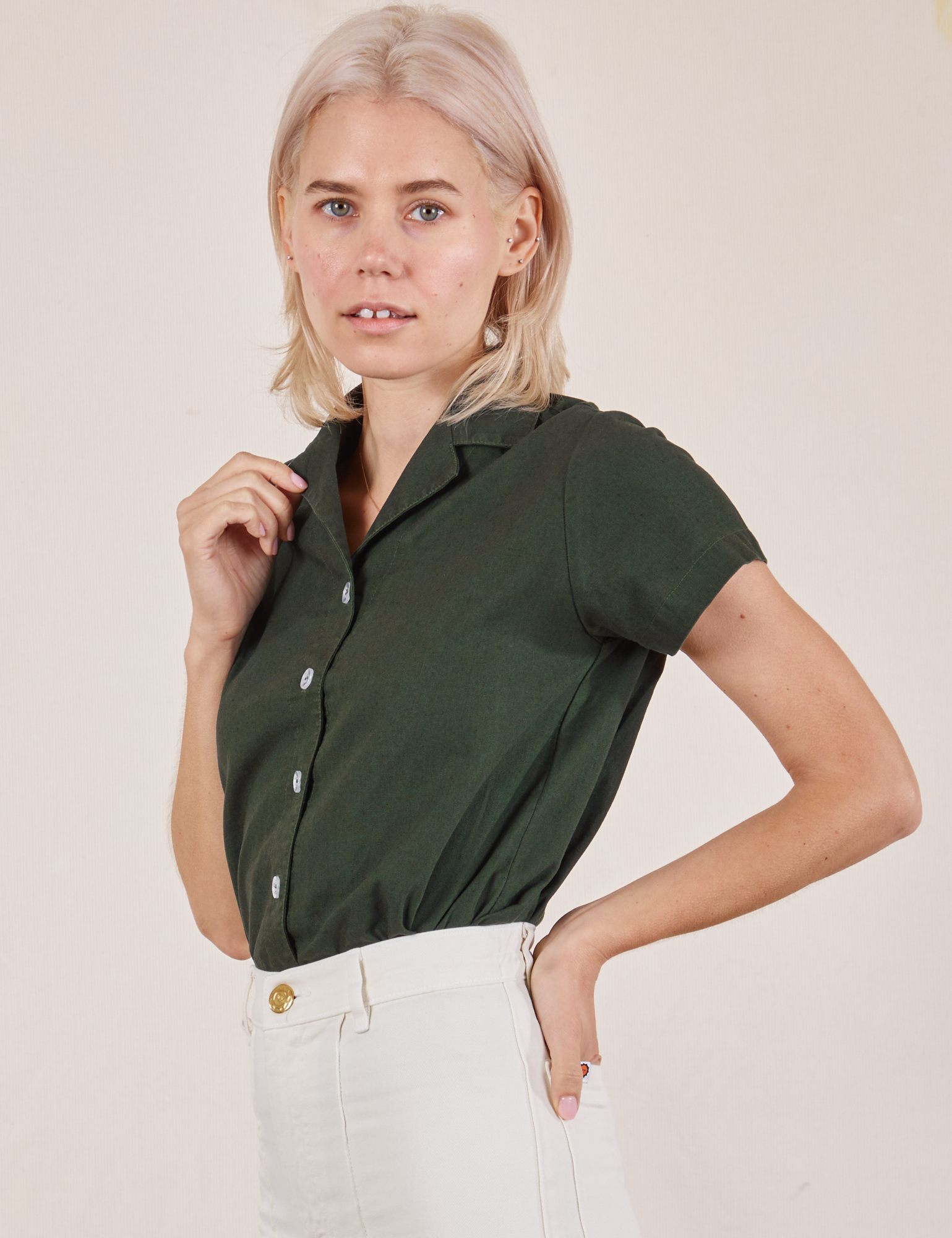 Pantry Button-Up in Swamp Green side view on Madeline