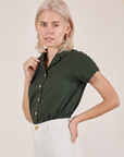 Pantry Button-Up in Swamp Green side view on Madeline