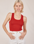 Madeline is wearing Tank Top in Mustang Red and vintage tee off-white Western Pants