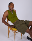 Pleated Trouser Shorts in Surplus Green and summer olive Racerback Tank