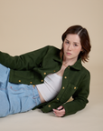 Hana is wearing Denim Work Jacket in Evergreen