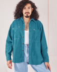 Jesse is wearing Corduroy Overshirt in Marine Blue