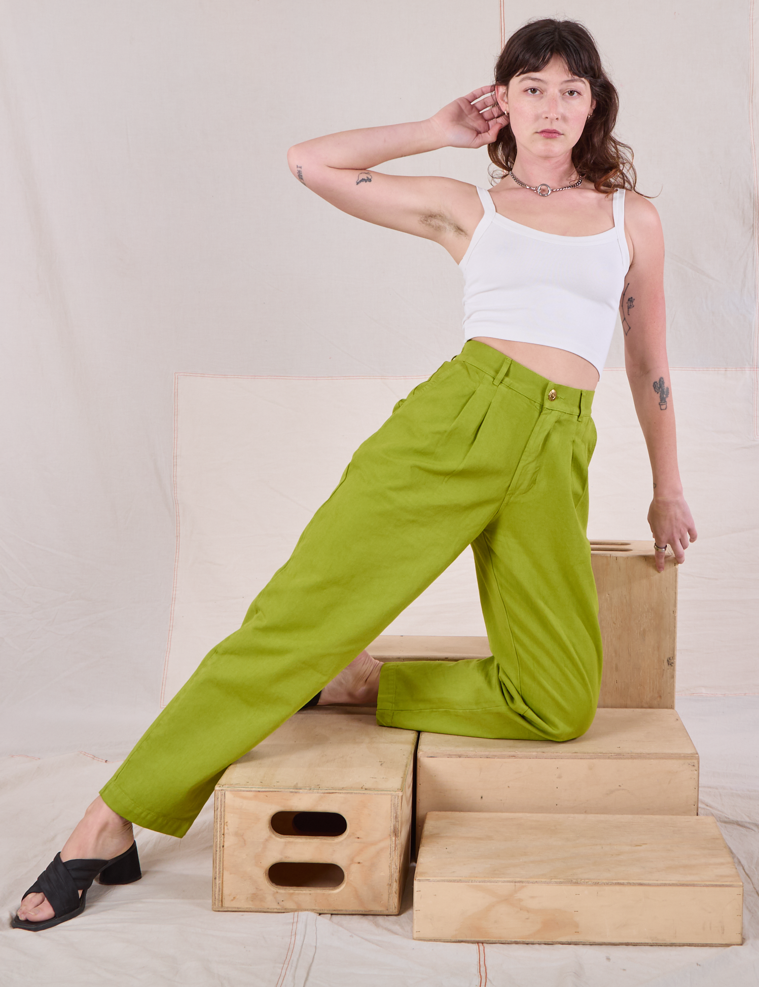 Heavyweight Trousers in Gross Green and Cami in vintage tee off-white on Alex