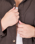 Front close up of Oversize Overshirt in Espresso Brown worn by Marielena