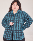 Ashley is 5'7" and wearing M Plaid Flannel Overshirt in Marine Blue