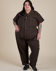 Sam is 5'10" and wearing 4XL Short Sleeve Jumpsuit in Espresso Brown