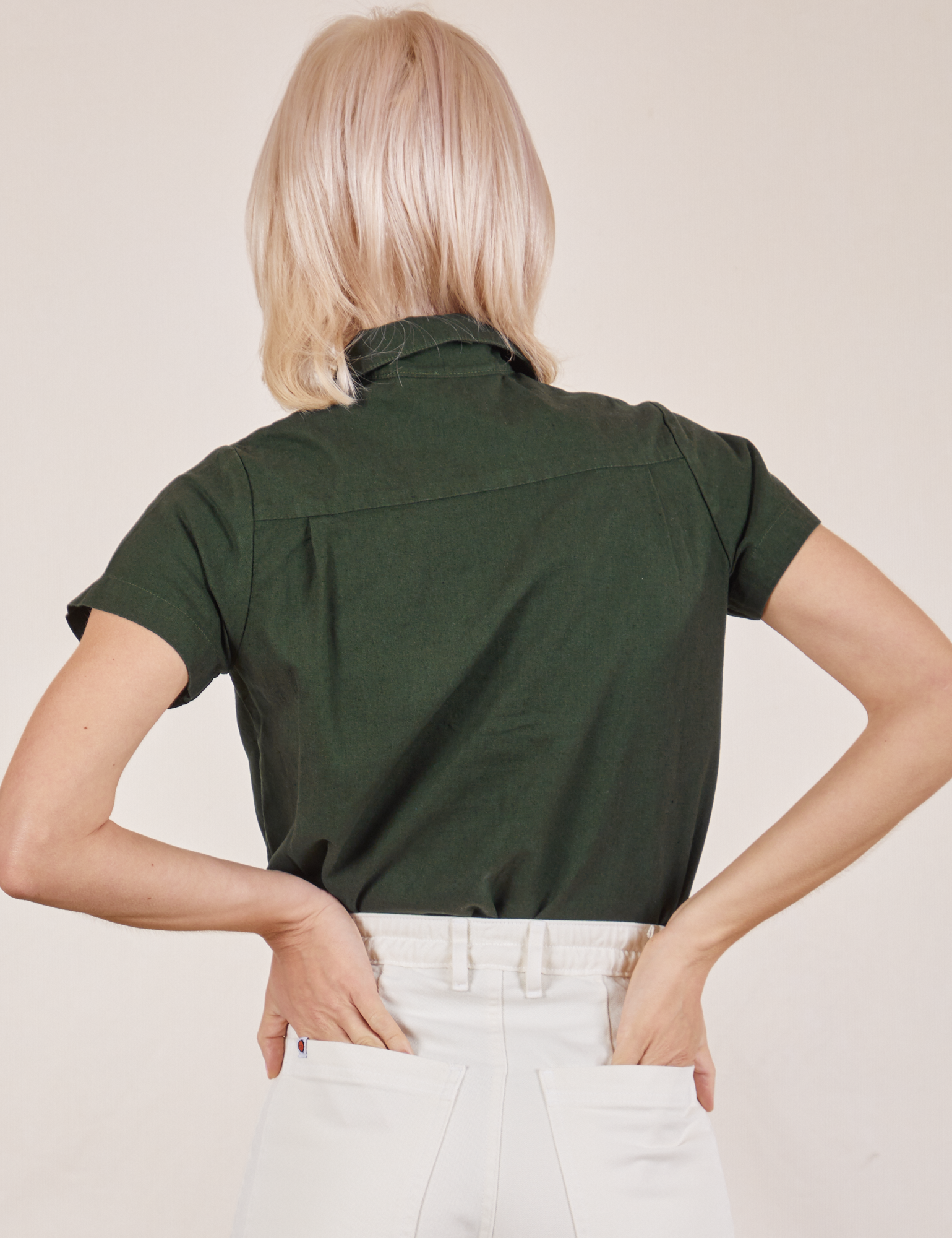 Pantry Button-Up in Swamp Green back view on Madeline