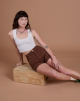 Classic Work Shorts in Fudgesicle Brown and Cropped Tank in Vintage Tee White on Alex