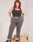 Bree is 5'9" and wearing 2XL Railroad Carpenter Jeans in Vintage Tan paired with espresso brown Square Neck Tank