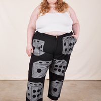 Catie is 5'11" and wearing 5XL Icon Work Pants in Dice paired with vintage off-white Cropped Cami