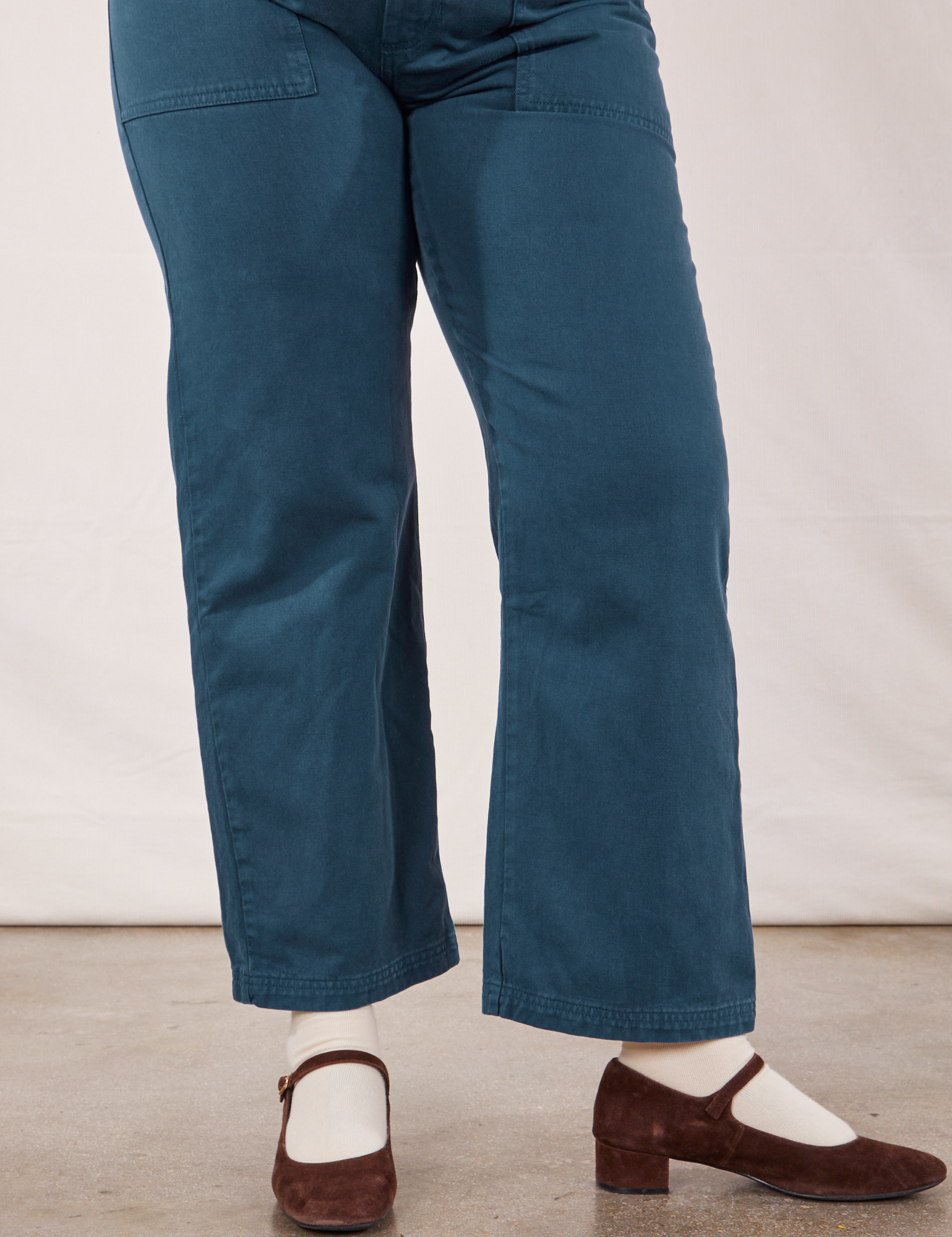 Work Pants in Lagoon pant leg close up on Sydney