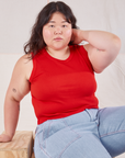 Ashley is wearing Muscle Tee in Mustang Red