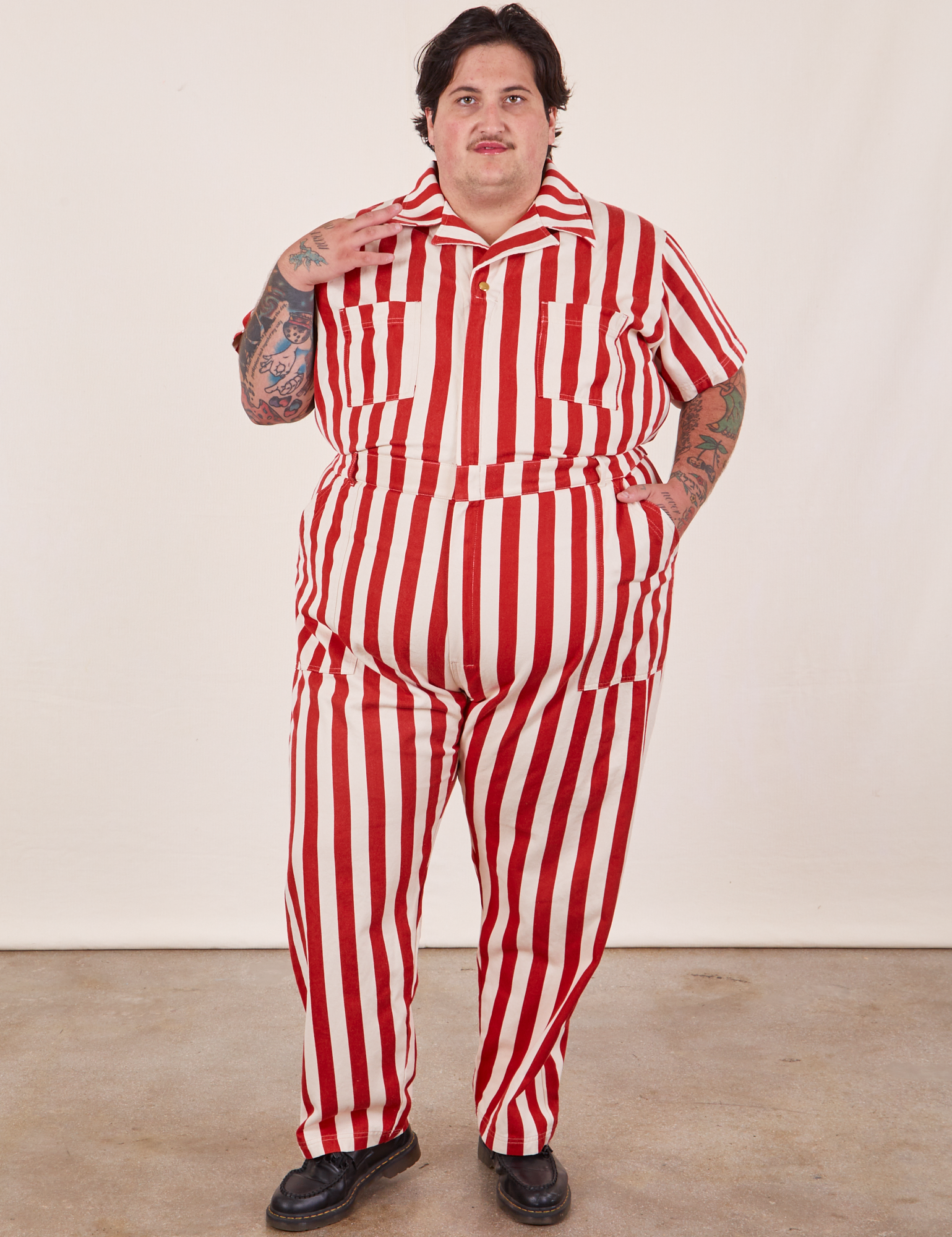 Sam is 5&#39;10&quot; and wearing 3XL Cherry Stripe Jumpsuit