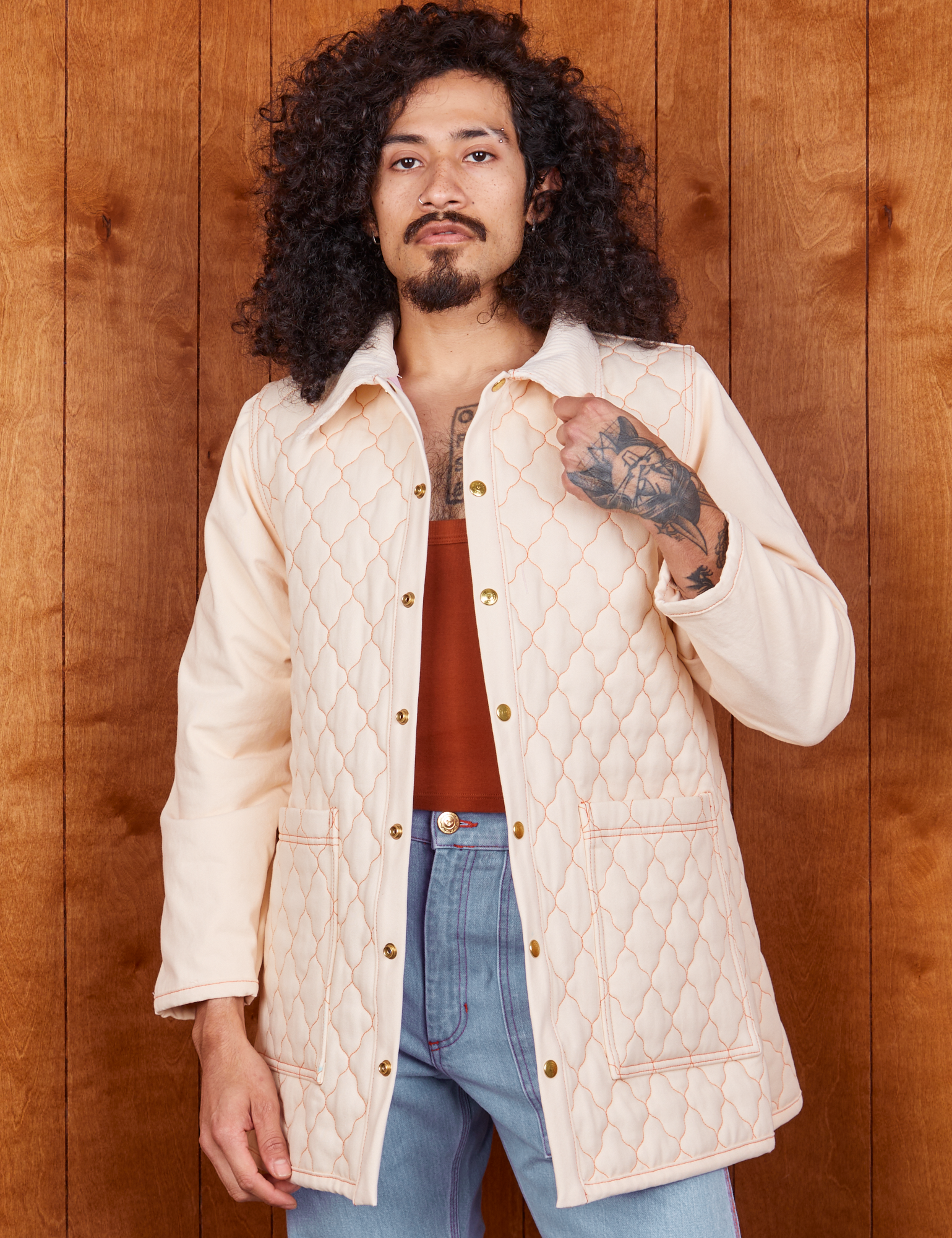 Jesse is 5&#39;8&quot; and wearing XS Quilted Overcoat in Vintage Off-White