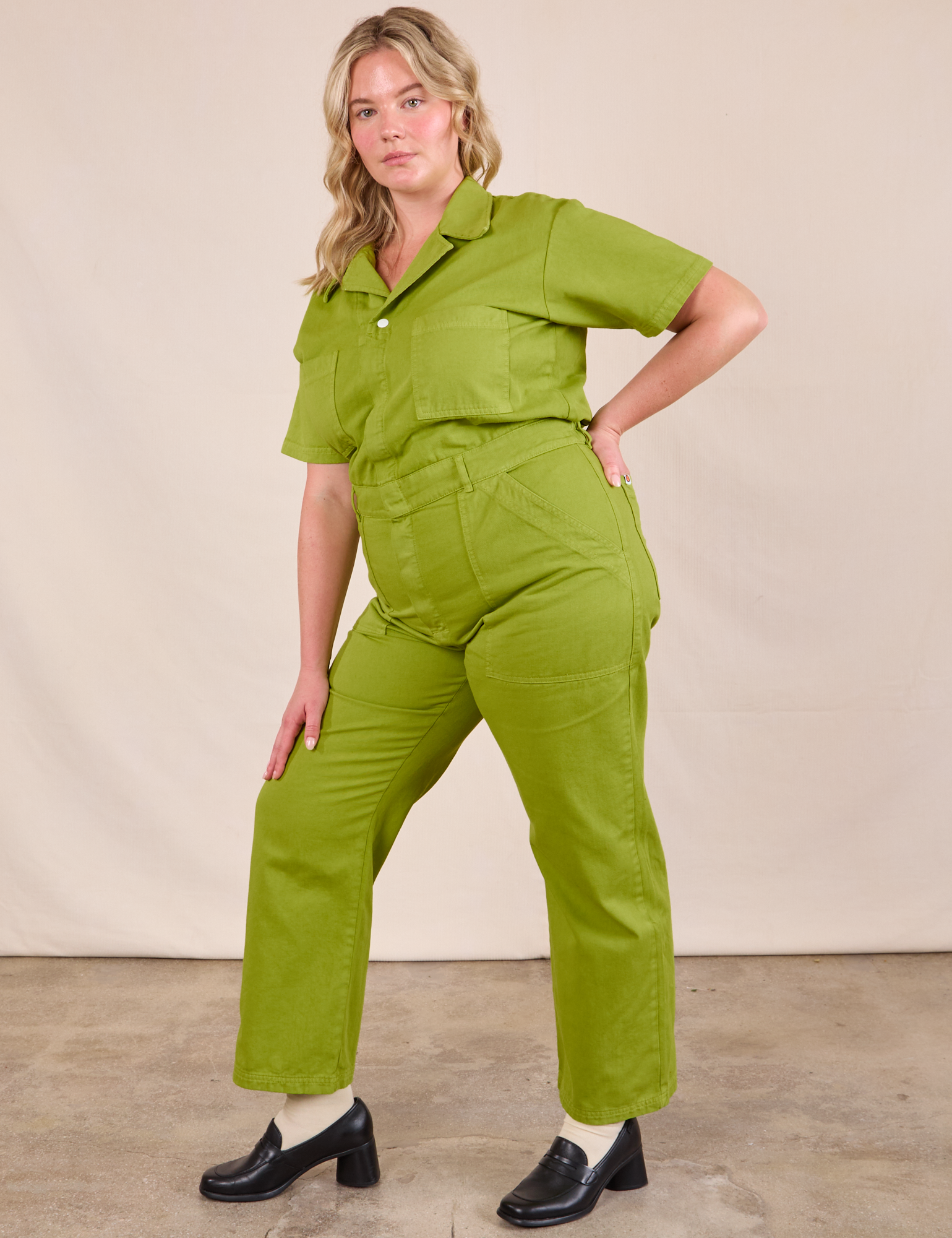 Short Sleeve Jumpsuit in Gross Green angled front view on Lish